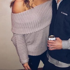 Off the shoulder tan sweater